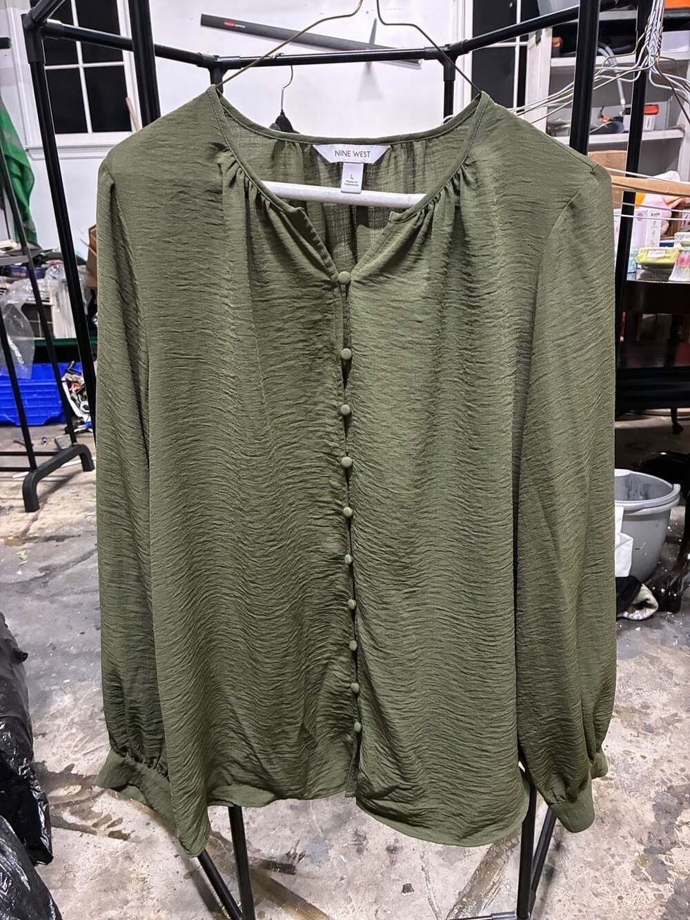 Nine West Button Front Balloon Sleeve Tunic Size L Green